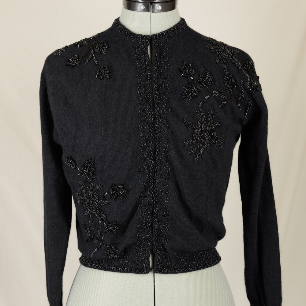 Macy's Black Floral Beaded Lambswool Sweater